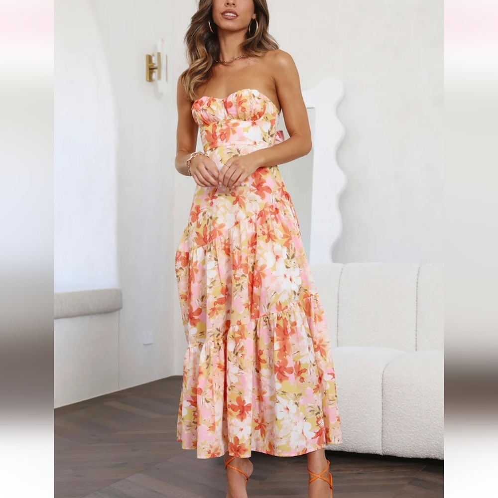 HELLO MOLLY TIERED SKIRT ORANGE MULTI FLORAL STRAPLESS MIDI DRESS - 6